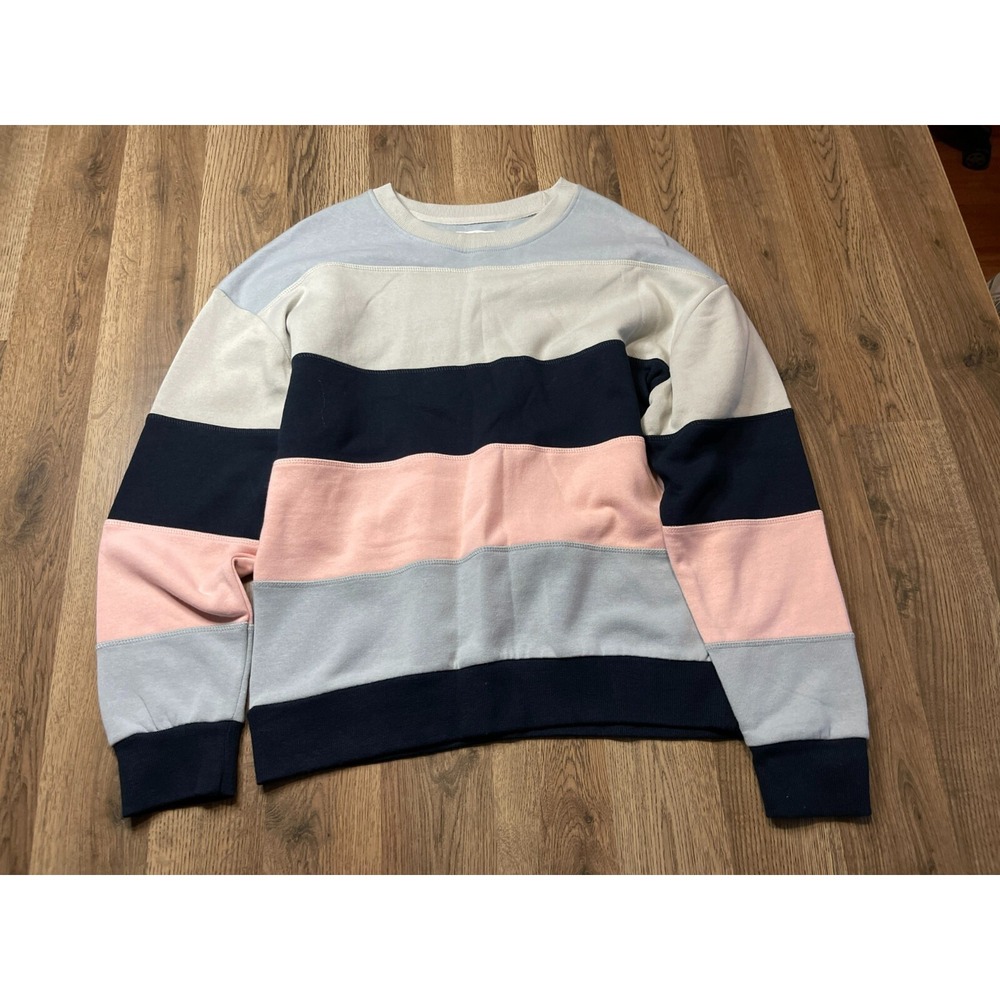 1897 Sweater, Women's Size Large, Blue Pink, Striped, Pullover, Crew Neck